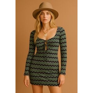 Zara Green Purple Metallic Retro Stripe Long Sleeve Cutout Front Dress Size L